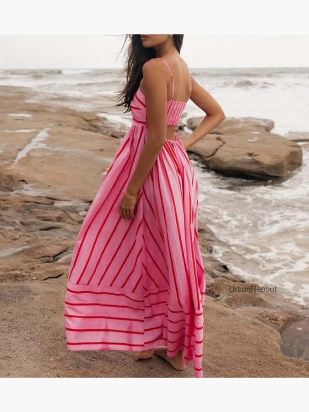 Striped Maxi Dress Sleeveless Backless Cutout Smocked Sundress Boho Flowy - Picture 2 of 6